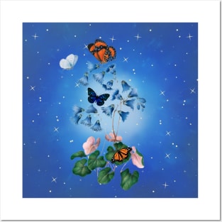 Serenity Blue Floral Design with Butterflies Posters and Art